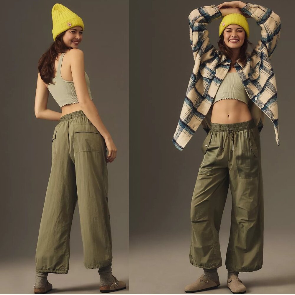 Anthropologie Olive Green Drawstring Wide-Leg Track Pants